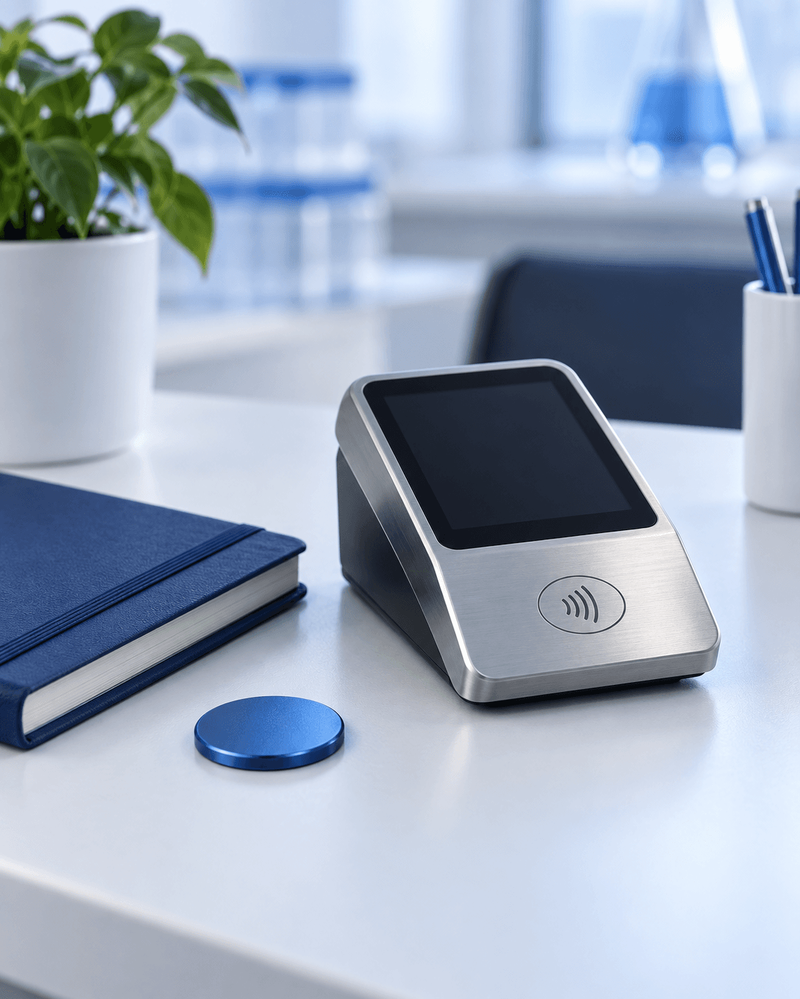 Payment terminal and notebook on a clean laboratory office desk