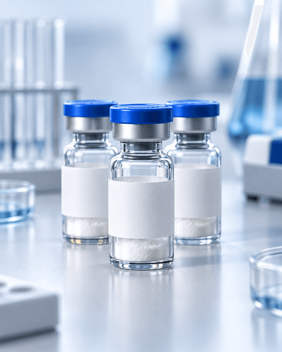 Glass laboratory vials on a clean research bench