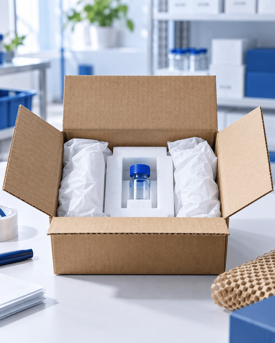 Securely packed laboratory vial in a shipping carton