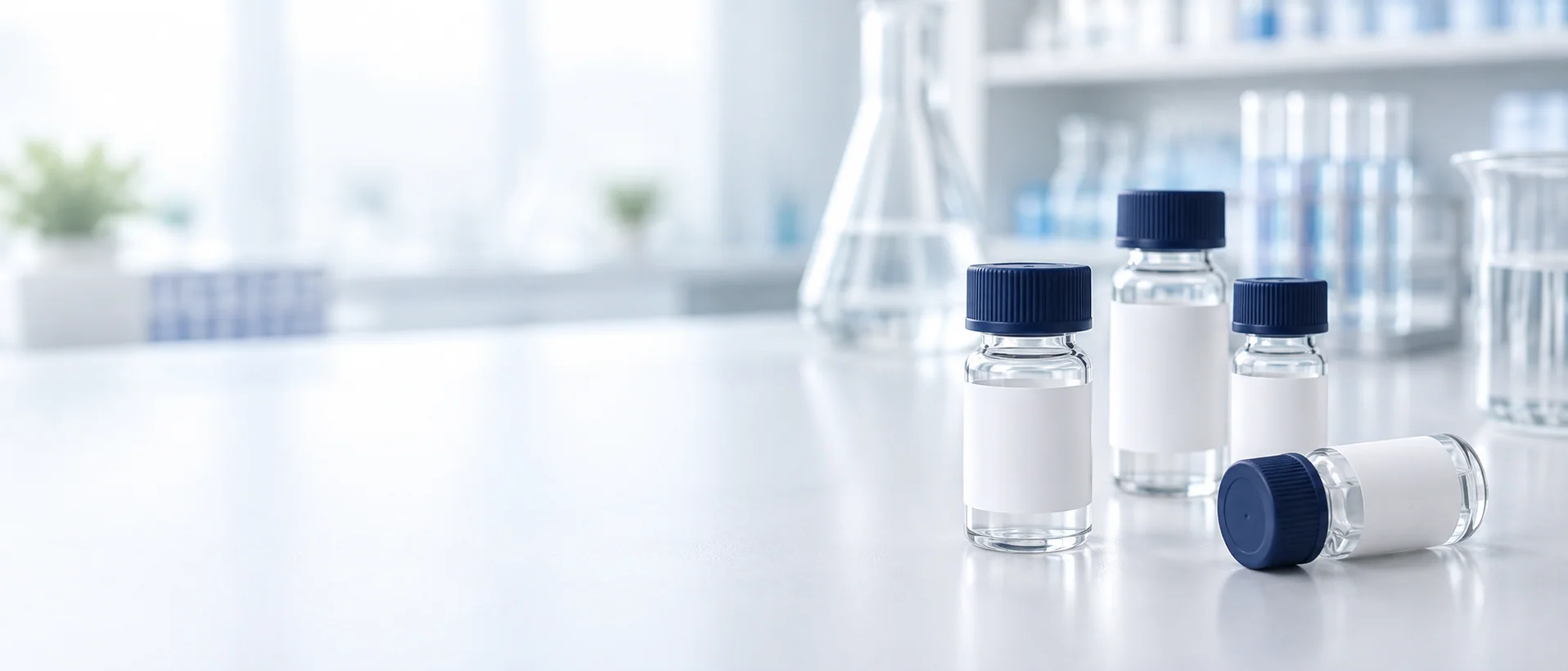 Illustrative research vial in a cool-toned laboratory setting