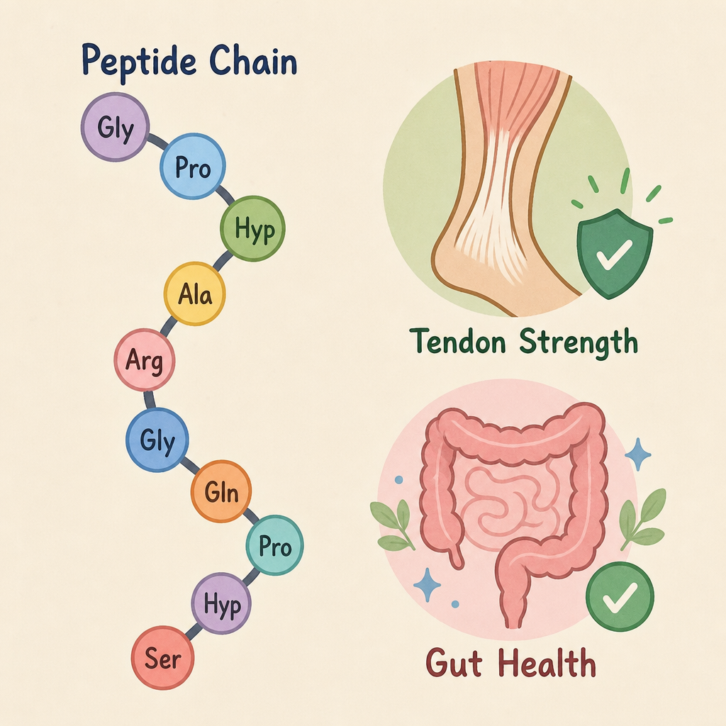 Educational illustration of a BPC-157 peptide chain and research-context topics